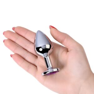 Metal Anal Plug, Metal, gümüş, mor kristalli, 8 cm, Ø 3,4 cm, 85 g